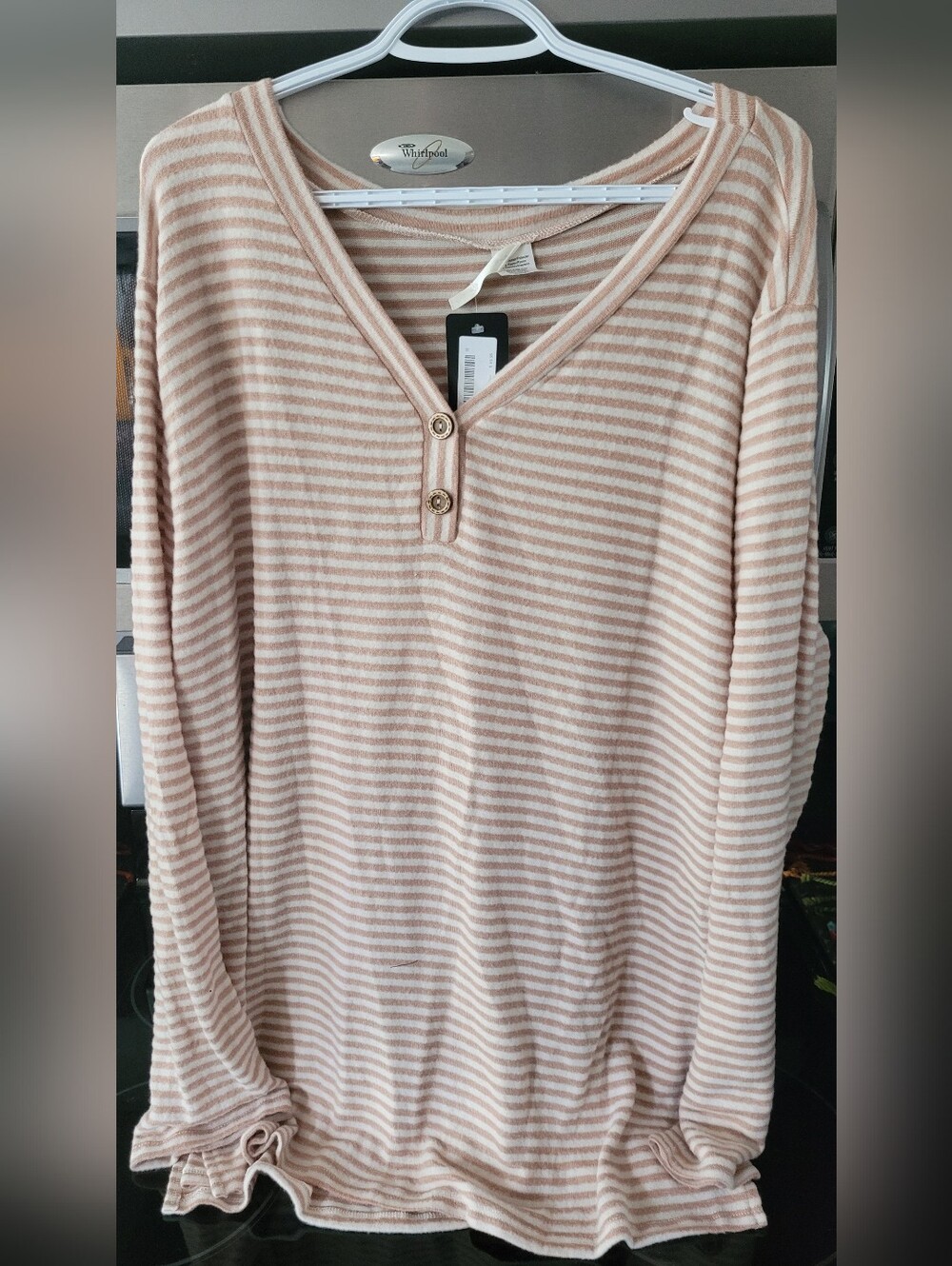 Vanilla Bay Cream & Blush Striped Button V-Neck Pullover